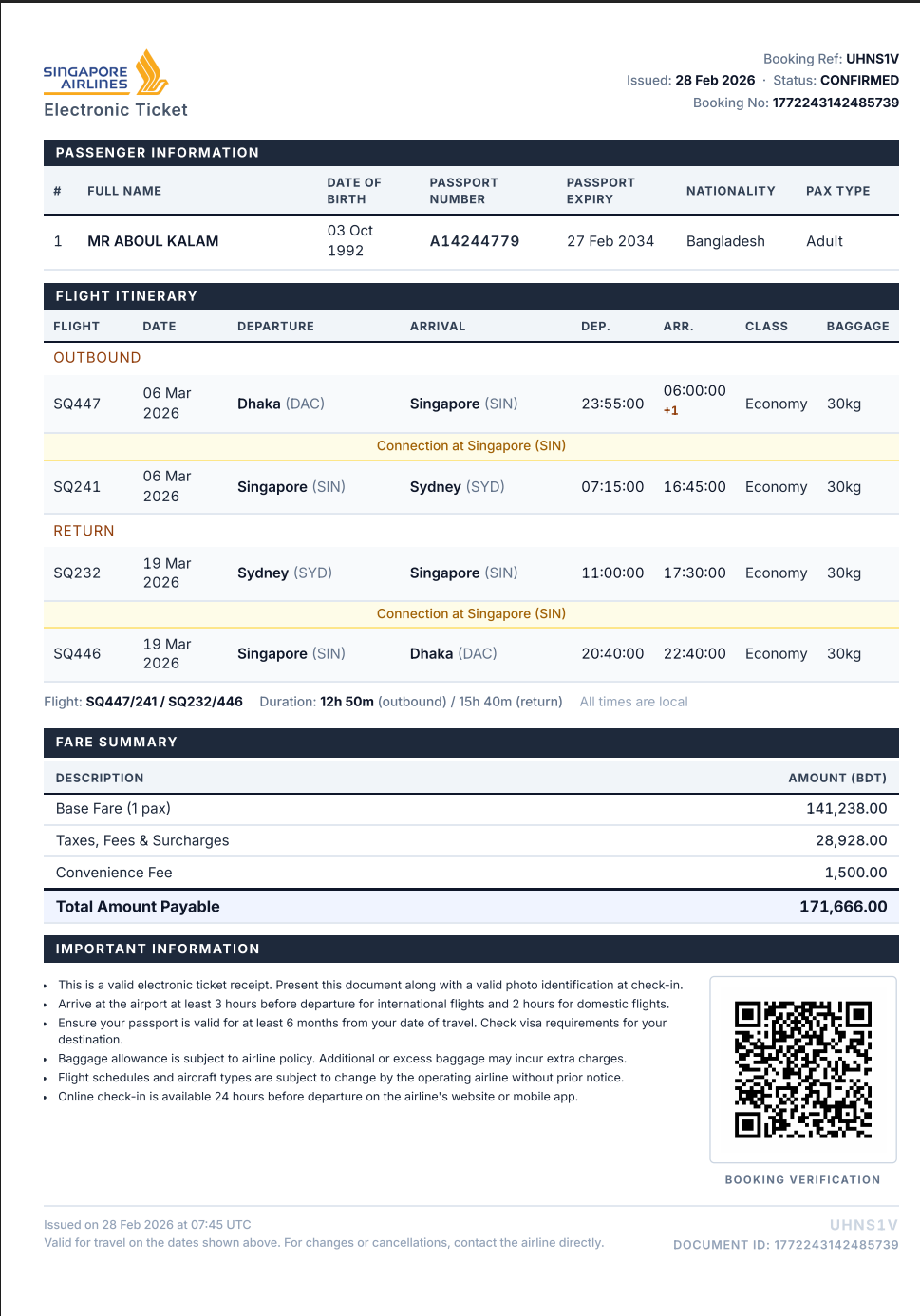 Sample eTicket showing passenger details, flight itinerary, and QR code