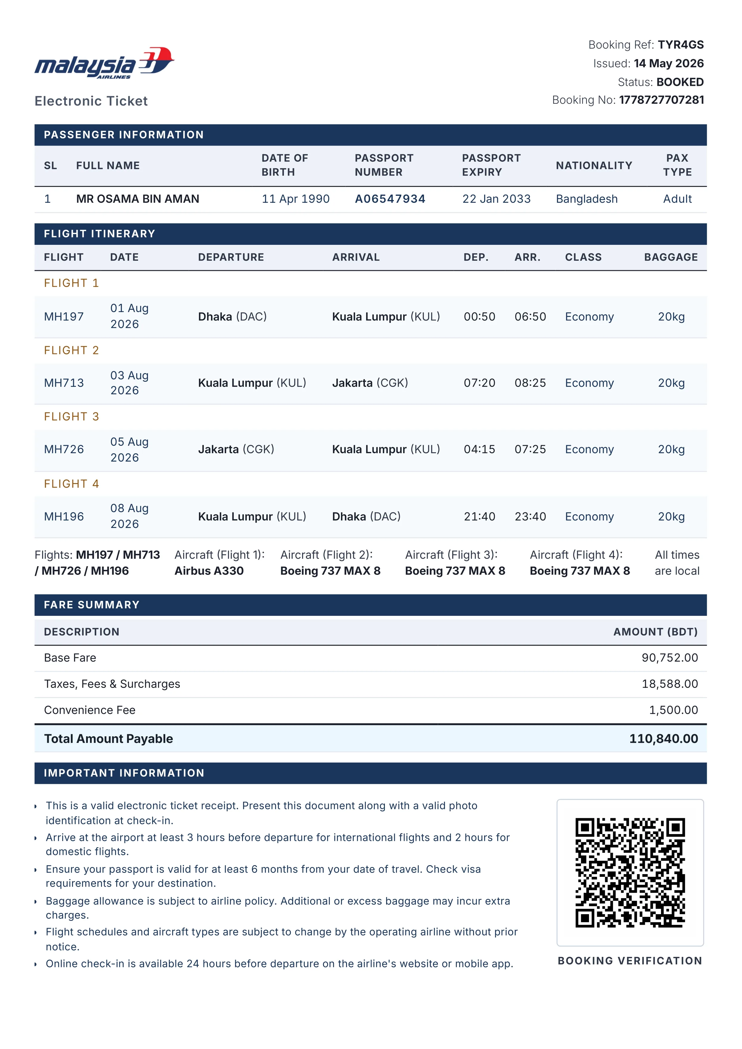 Sample eTicket showing passenger details, flight itinerary, and QR code