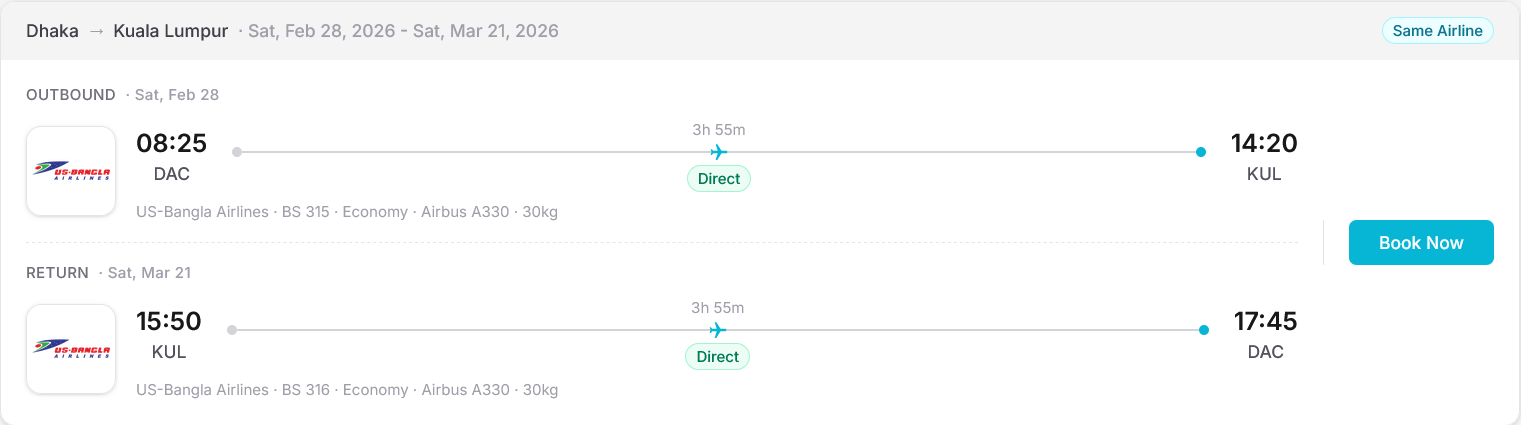 Screenshot of flight search results page