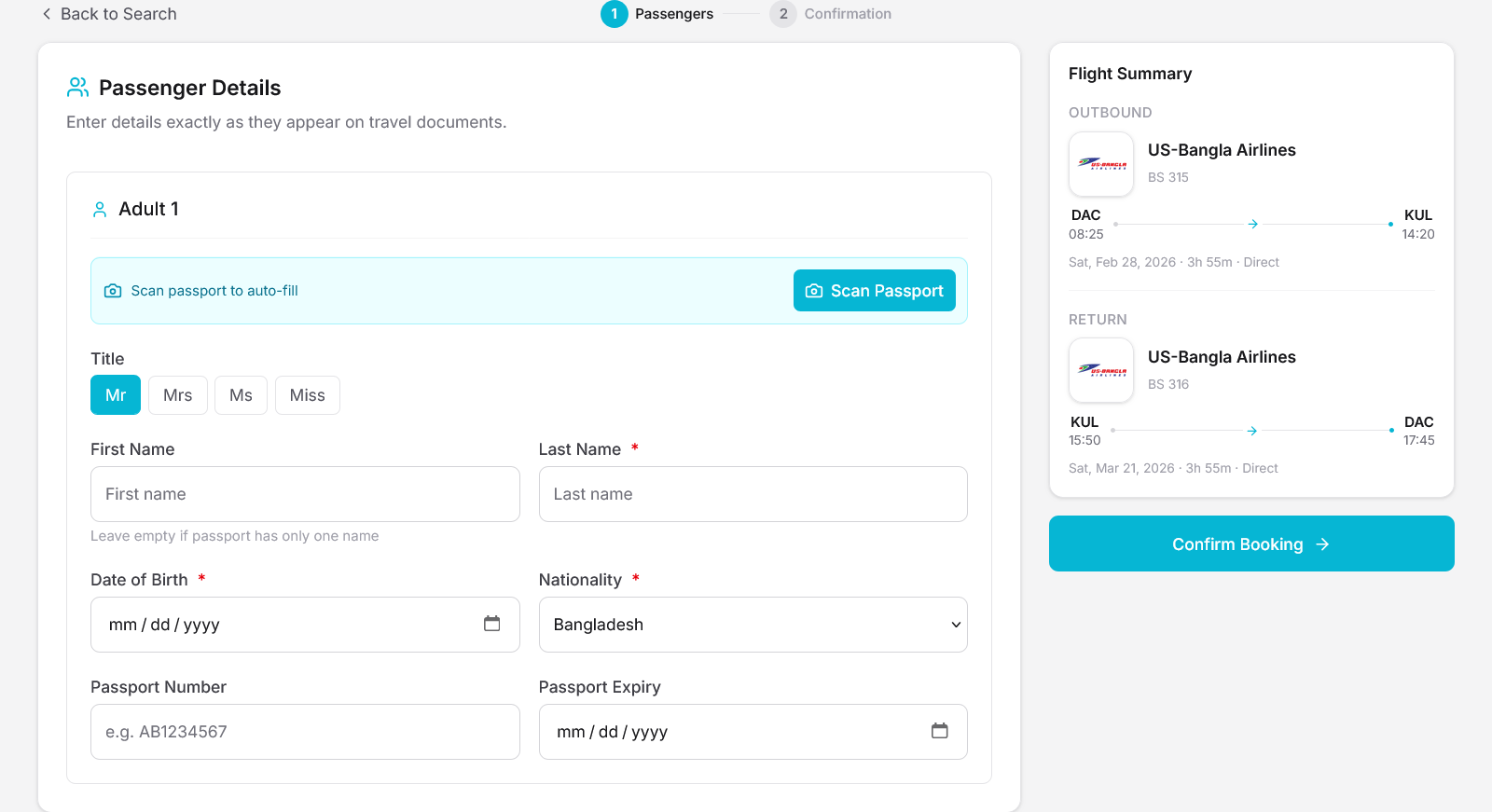 Screenshot of passenger details form with passport fields
