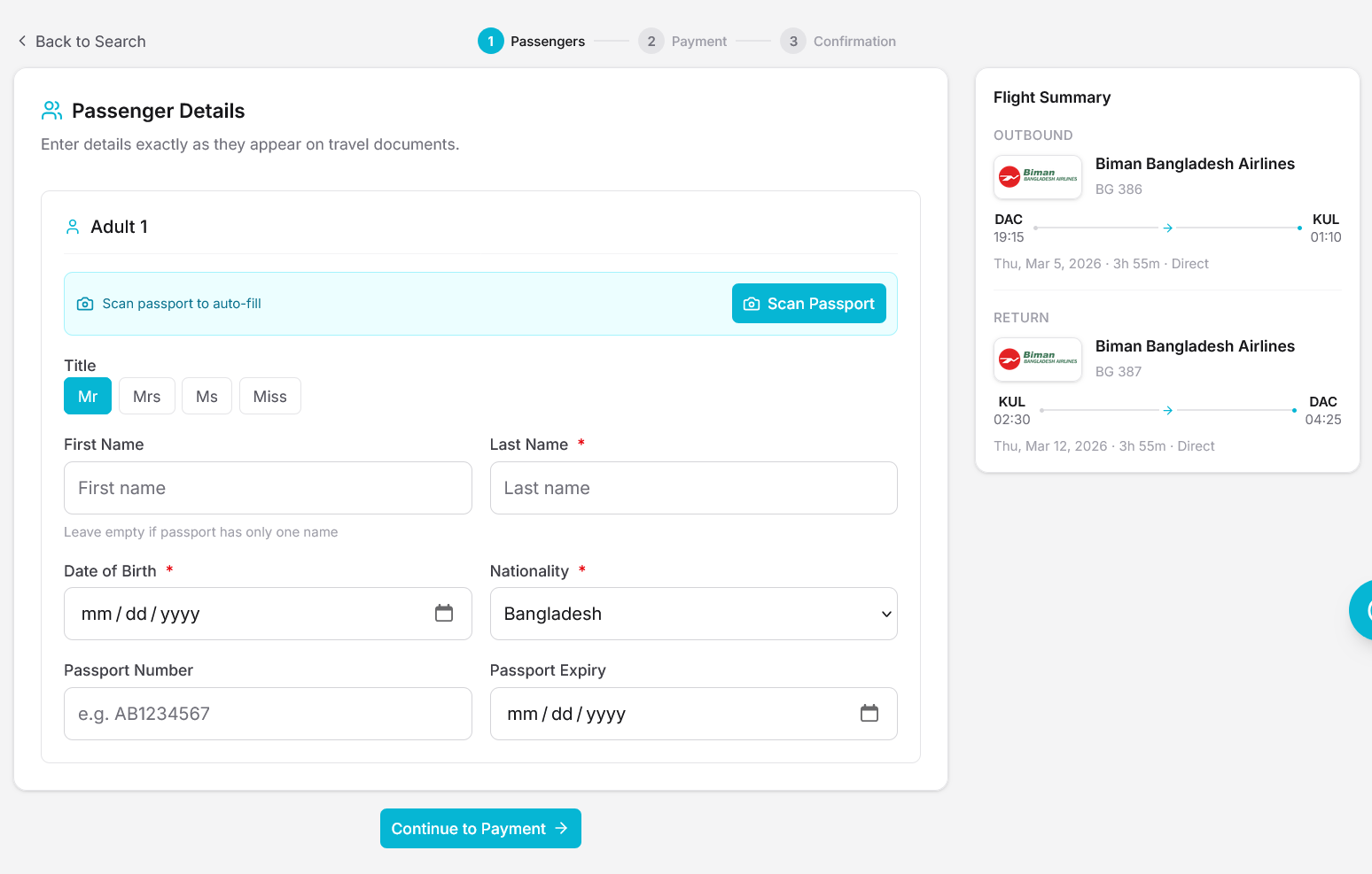 Screenshot of passenger details form with passport fields