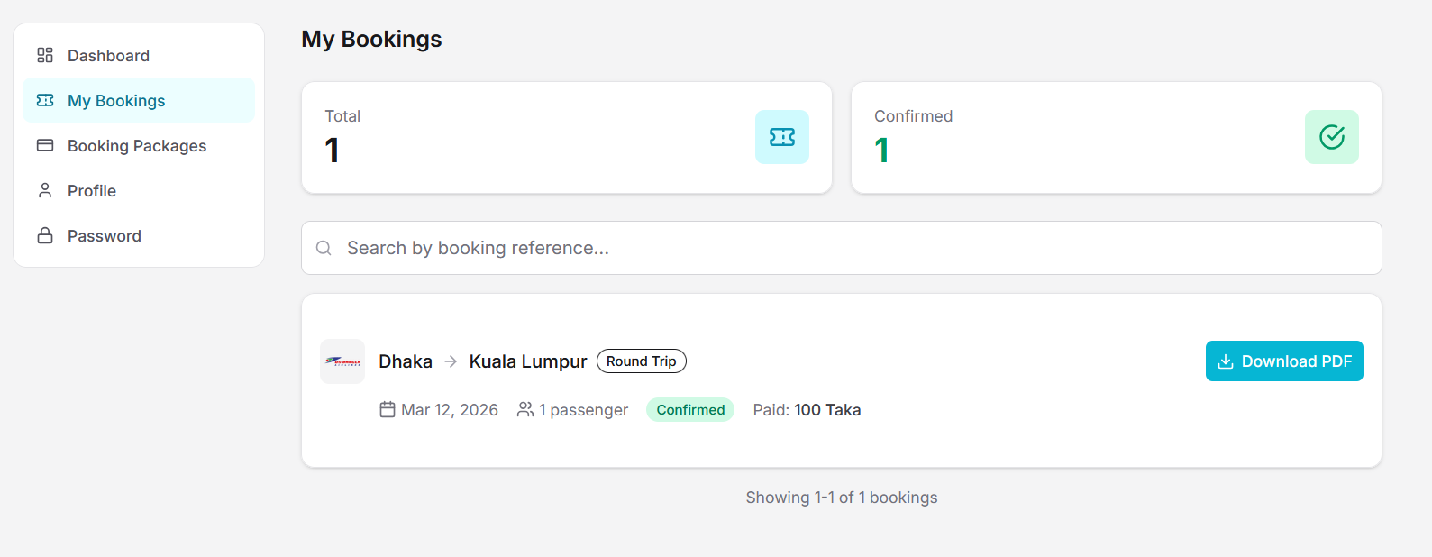 Screenshot of booking confirmation with PDF download button